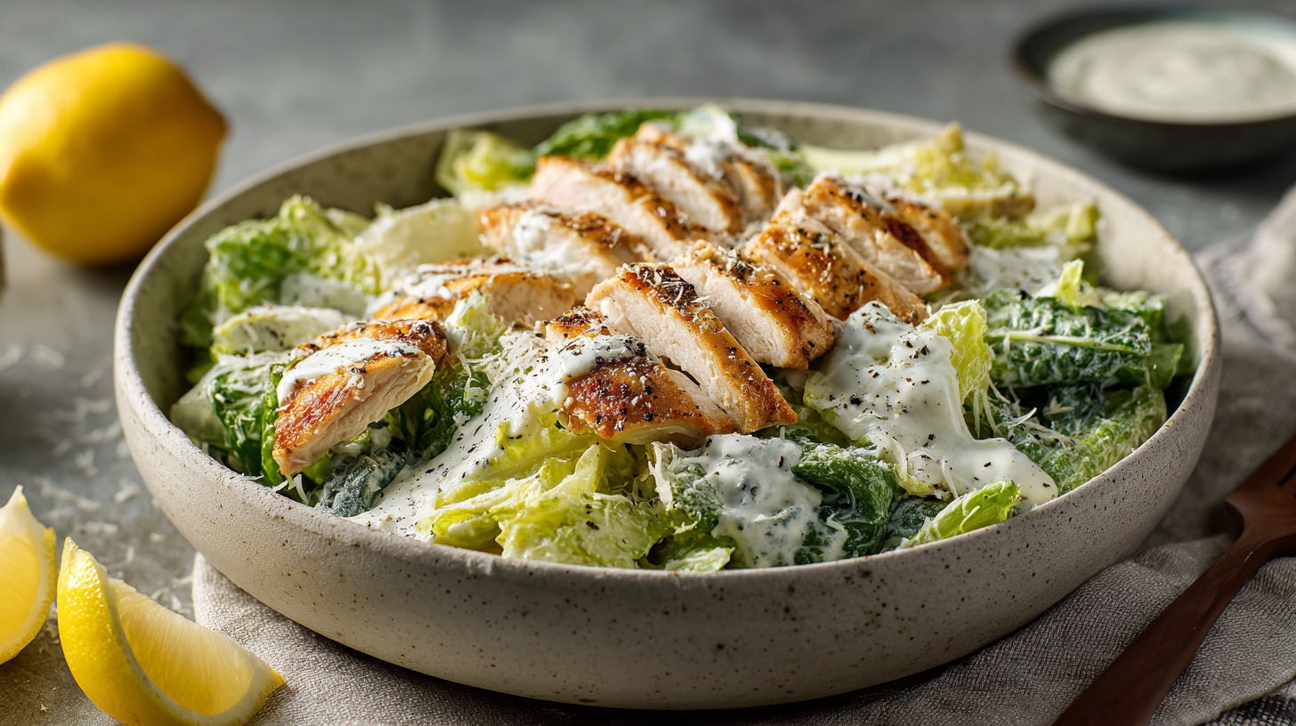 Overhead bowl of Mounjaro Chicken Caesar Salad with sliced chicken and shaved Parmesan.
