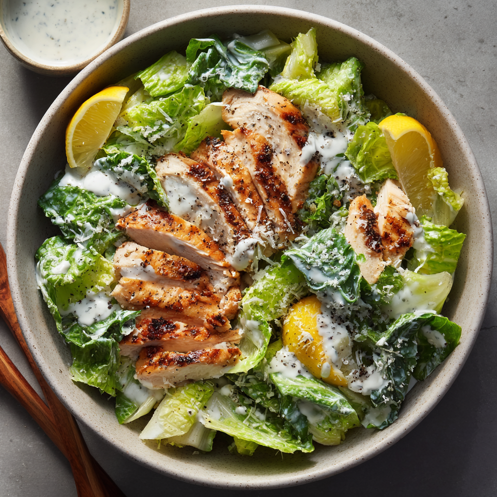 Overhead bowl of Mounjaro Chicken Caesar Salad with sliced chicken and shaved Parmesan.