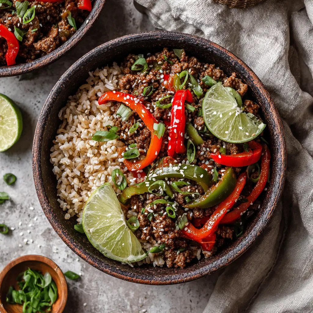 Beef And Pepper Rice Bowls with peppers over brown rice