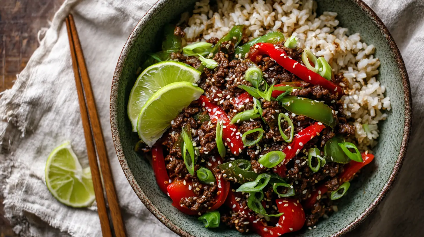 Beef And Pepper Rice Bowls with peppers over brown rice