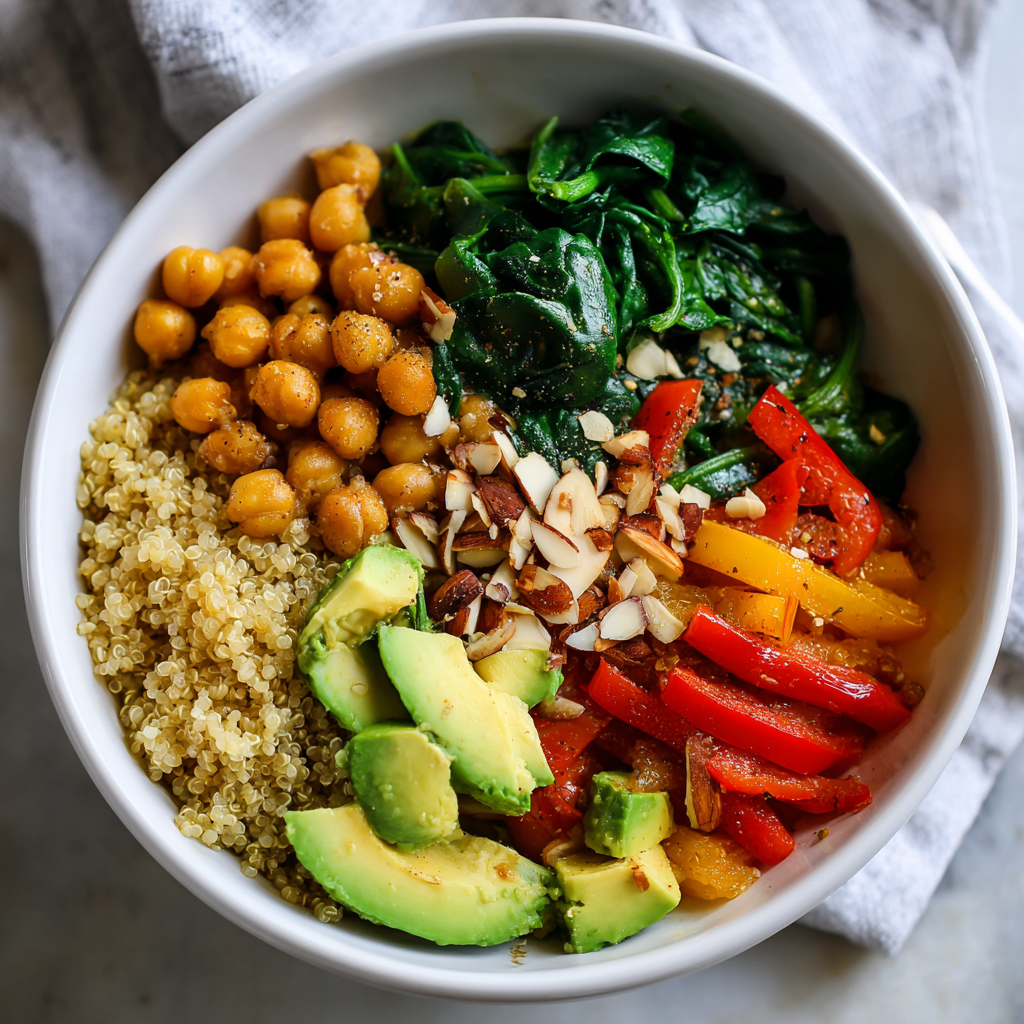 Warm quinoa bowl with chickpeas, spinach, bell pepper, avocado, and toasted almonds.