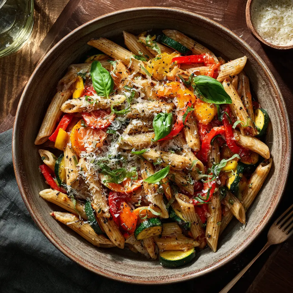 Whole grain penne pasta with colorful vegetables and fresh herbs in ceramic bowl