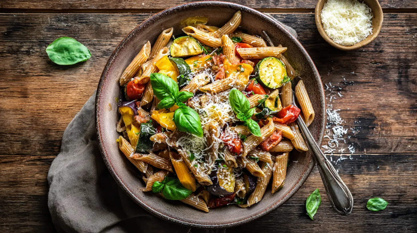 Whole grain penne pasta with colorful vegetables and fresh herbs in ceramic bowl