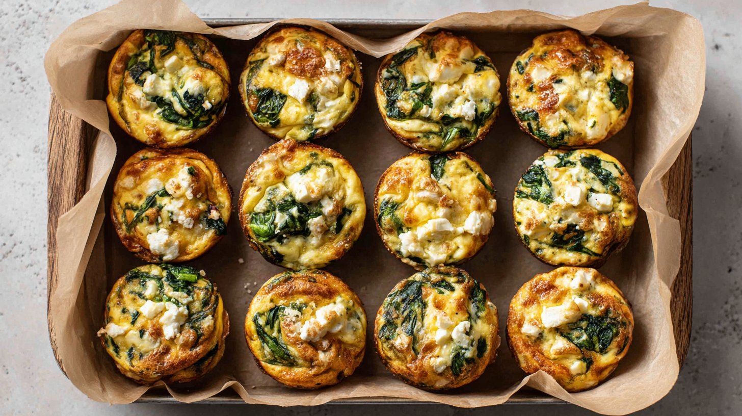 Tray of golden egg muffins with spinach and cheese.