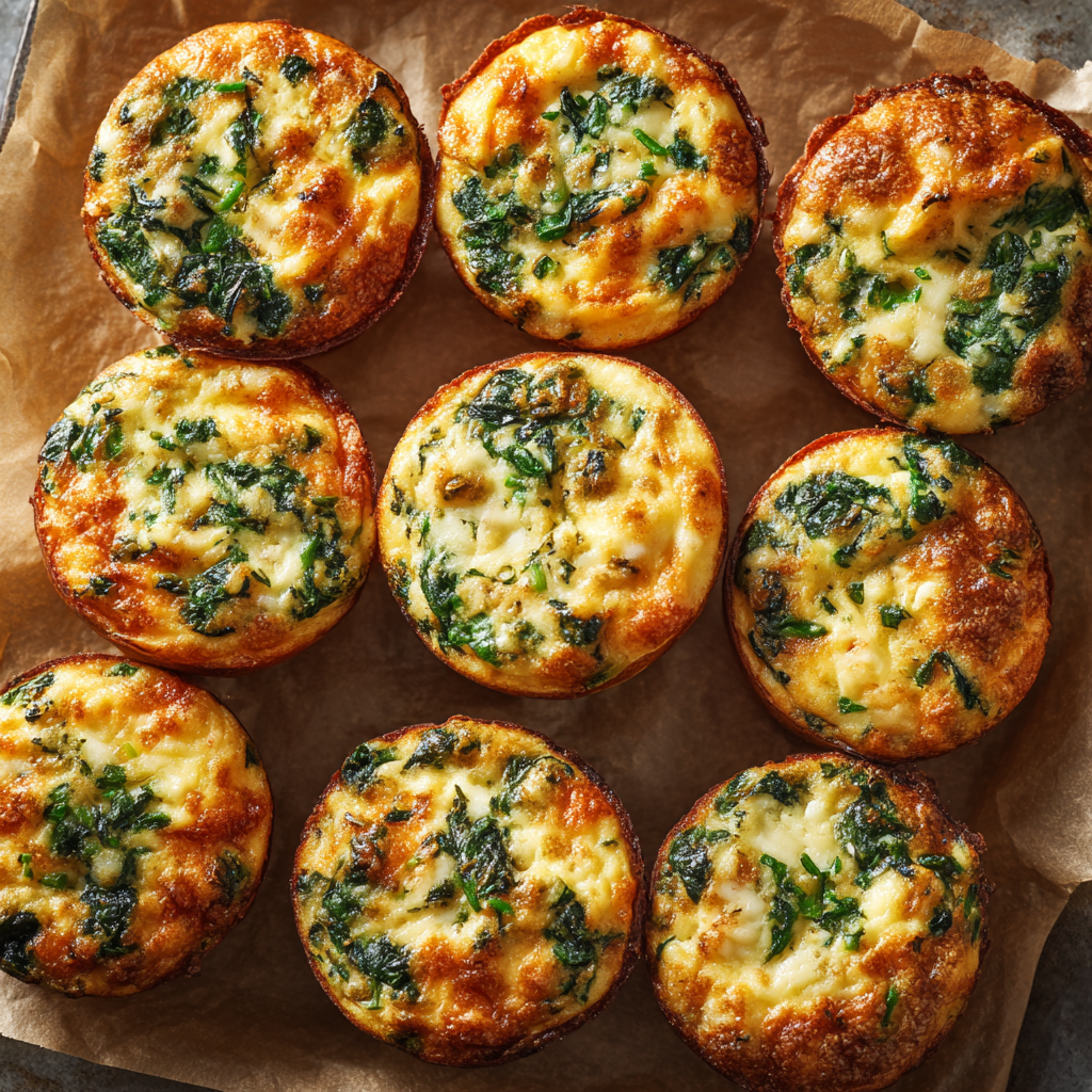 Tray of golden egg muffins with spinach and cheese.
