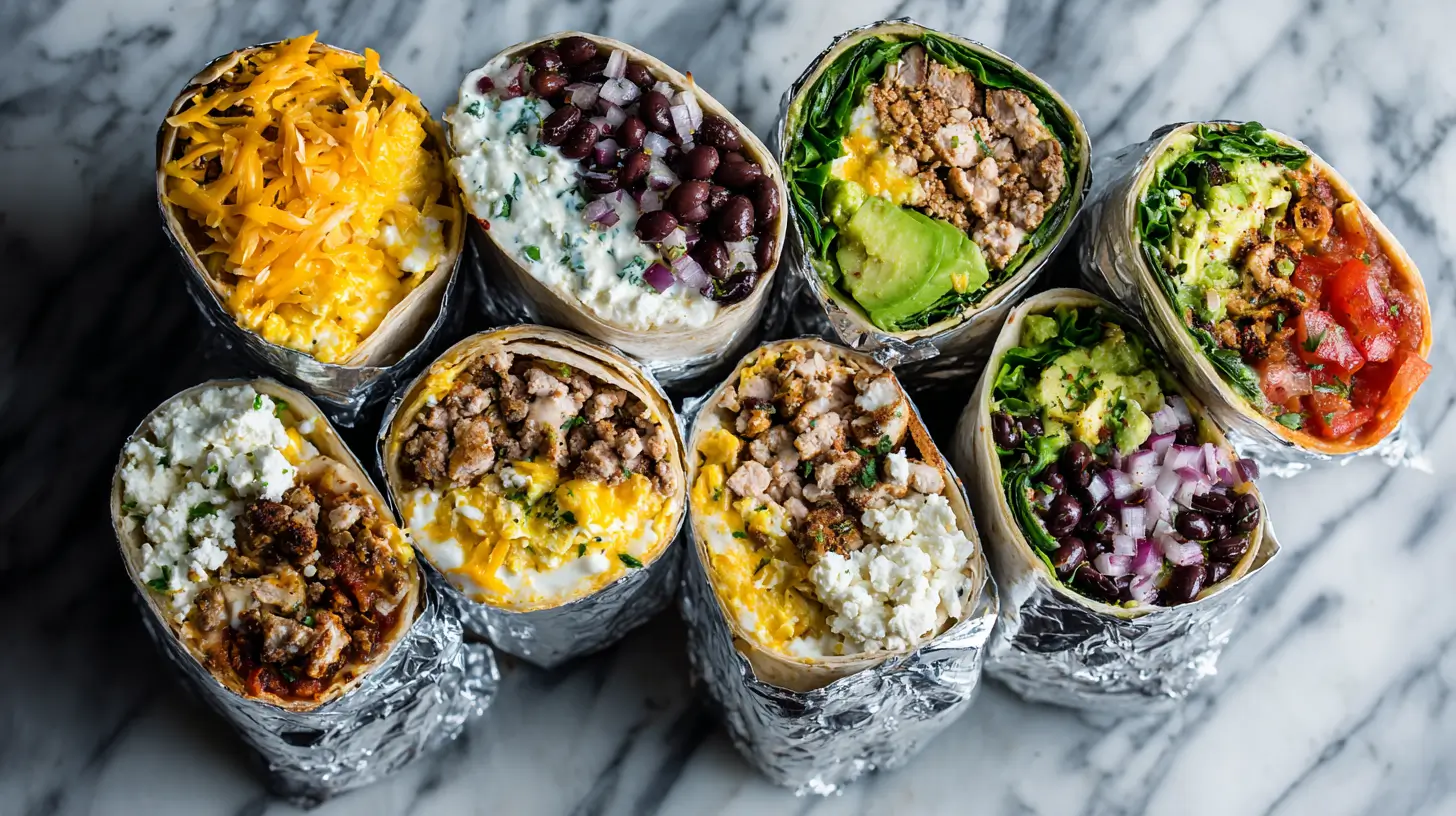 High protein meal prep burritos arranged on marble counter showing healthy filling ingredients
