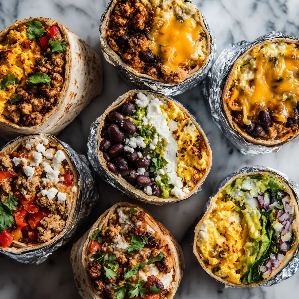 High protein meal prep burritos arranged on marble counter showing healthy filling ingredients