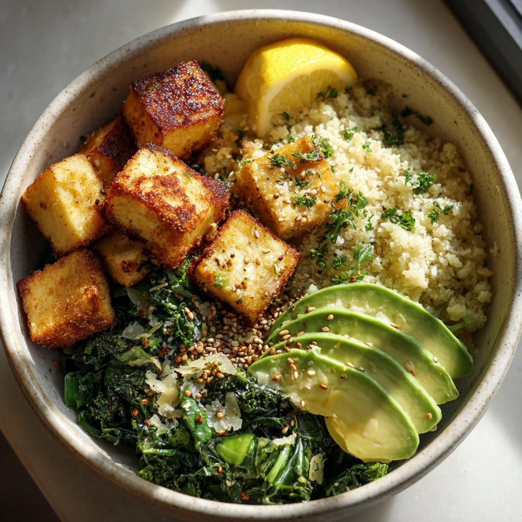 Bowl of low carb vegan breakfast with tofu, cauliflower rice, and avocado
