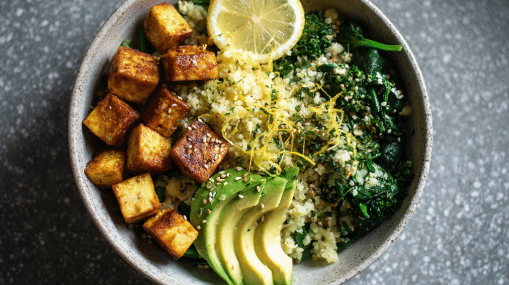 Bowl of low carb vegan breakfast with tofu, cauliflower rice, and avocado