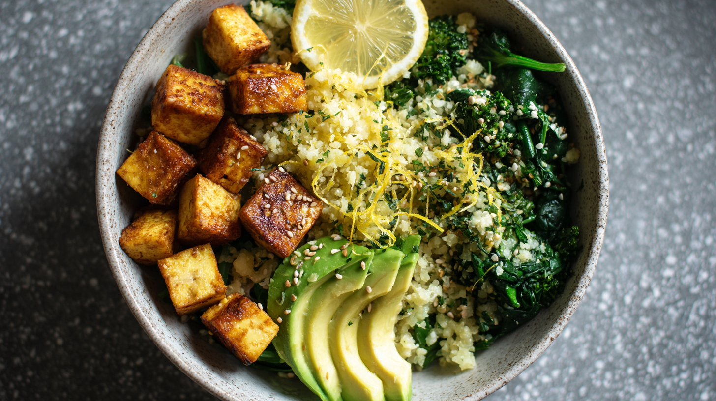 Bowl of low carb vegan breakfast with tofu, cauliflower rice, and avocado