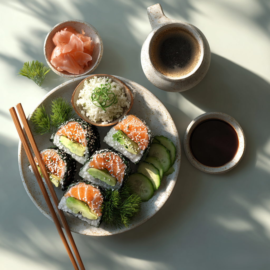 Keto sushi rolls and a low carb sushi bowl with salmon and avocado