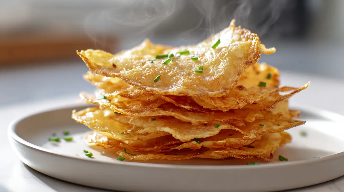 Golden keto cottage cheese chips stacked on white plate with chives and sea-salt crystals
