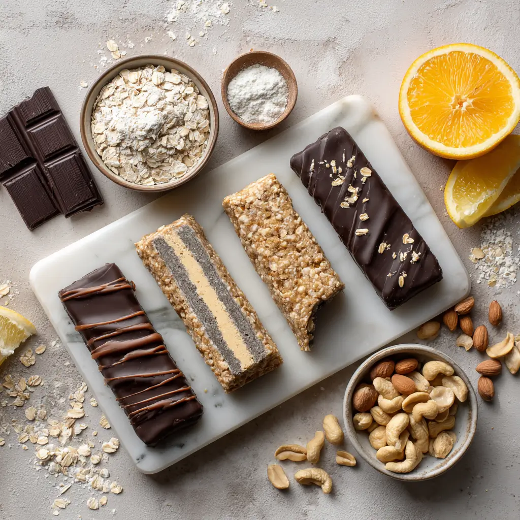 Assorted protein bars on a marble slab, one sliced to show nougat and crisp layers; small bowls of oats, whey powder, peanuts, dark chocolate, and citrus; bright natural light.