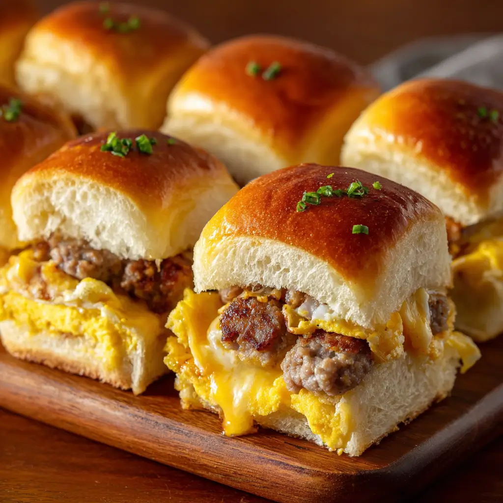 Hawaiian roll breakfast sliders with sausage, egg & cheese