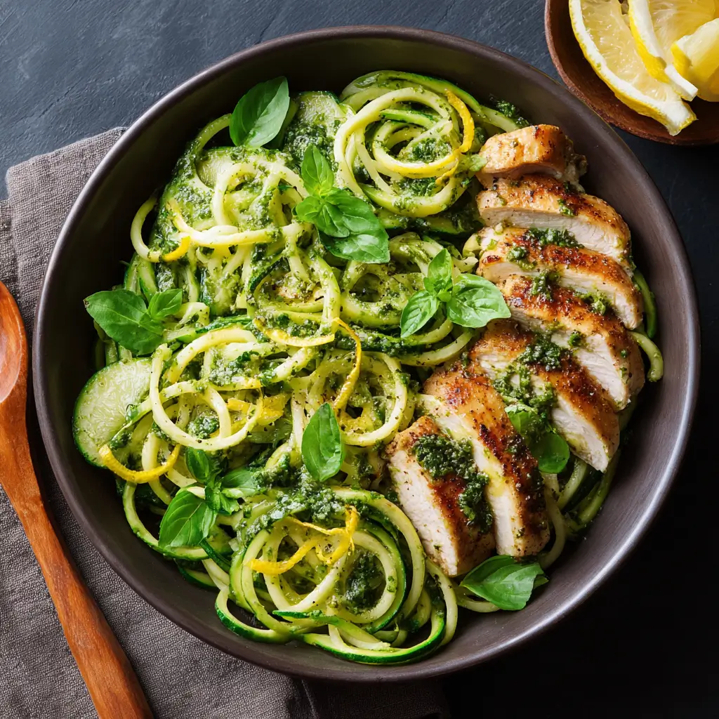 Zucchini noodles with pesto chicken in a white bowl