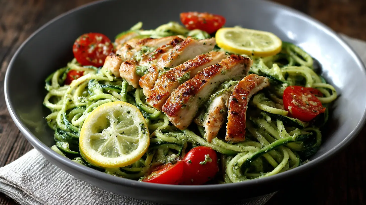 Zucchini noodles with pesto chicken in a white bowl