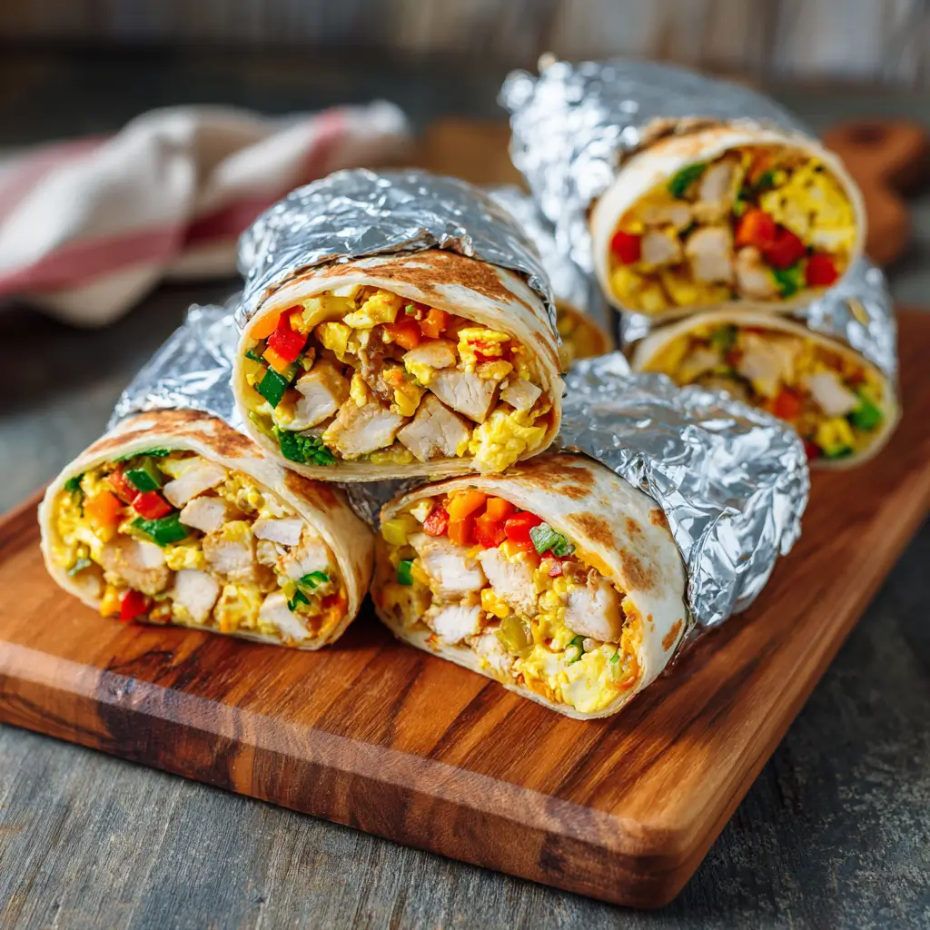 Healthy breakfast burrito meal prep with eggs and chicken arranged on cutting board