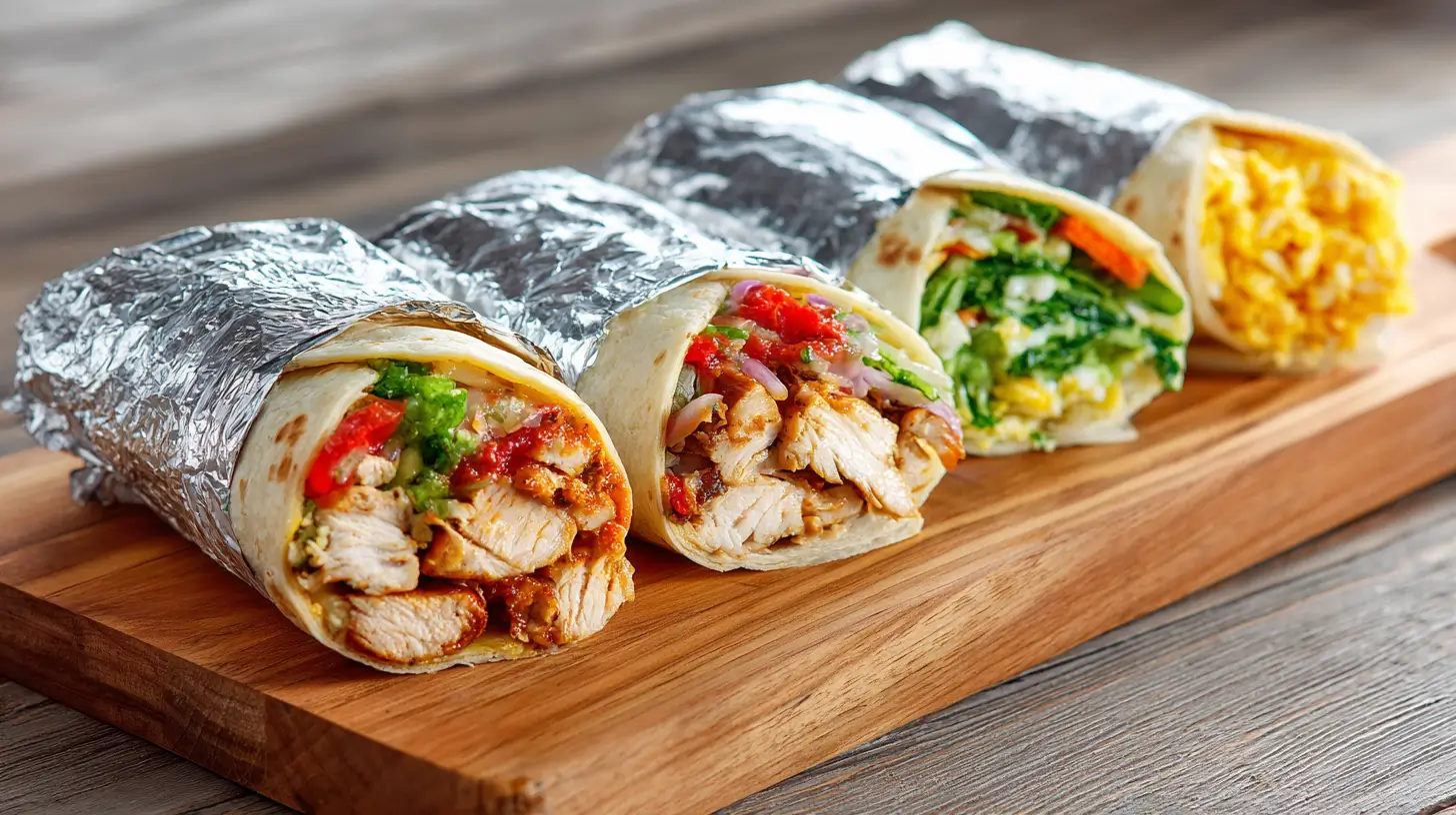 Healthy breakfast burrito meal prep with eggs and chicken arranged on cutting board