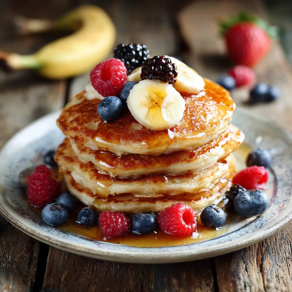 Stack of banana oat pancakes with berries