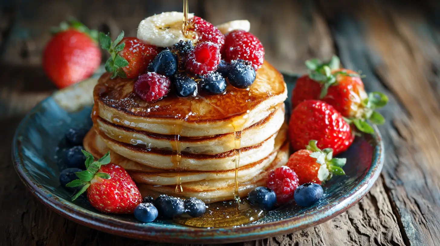 Stack of banana oat pancakes with berries