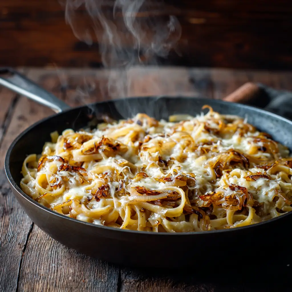 Skillet of One Pot French Onion Pasta with melted cheese