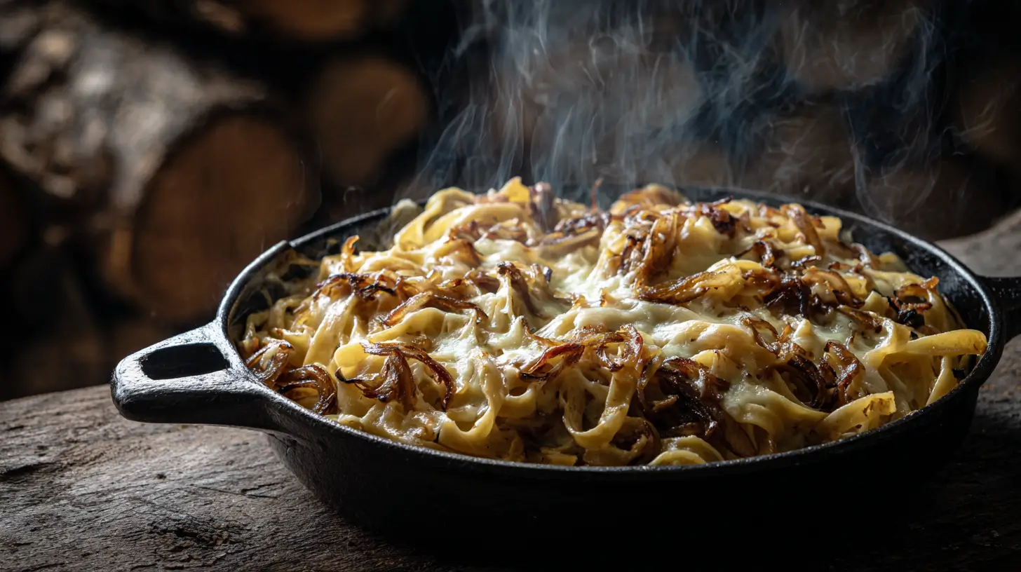 Skillet of One Pot French Onion Pasta with melted cheese