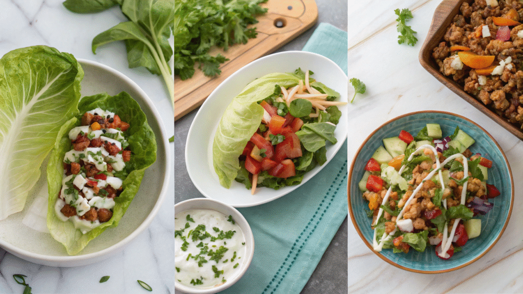 Zepbound meal served in lettuce wraps, salad bowls, and plated with garnishes and yogurt.