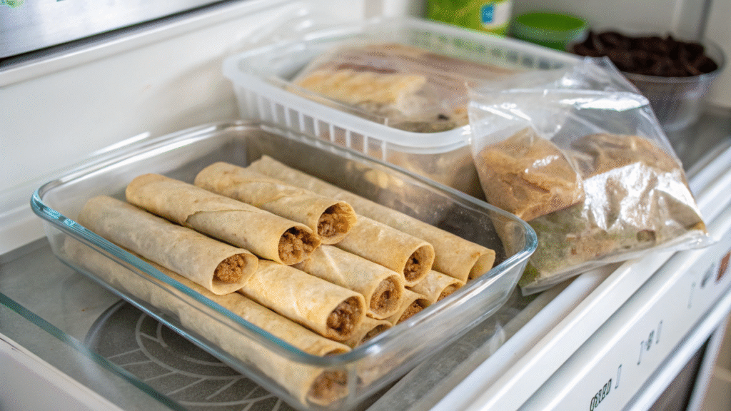 Chicken taquitos stored in containers and labeled freezer bags for refrigeration and freezing.