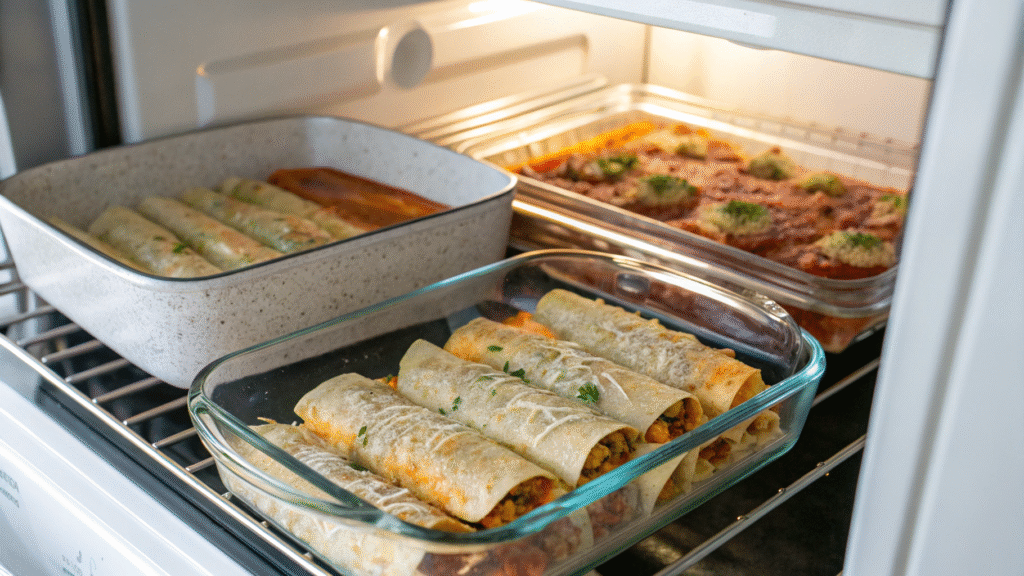 Enchiladas stored in fridge containers and foil-wrapped for freezer with a labeled bag and oven in the background.