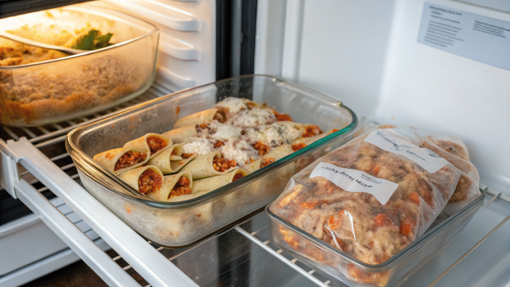 Stuffed shells in fridge and freezer containers, labeled and ready for storage or reheating.