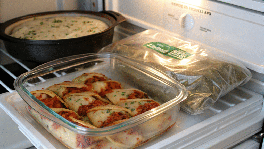Stuffed shells stored in a container in the fridge and wrapped for freezing with an oven in the background.