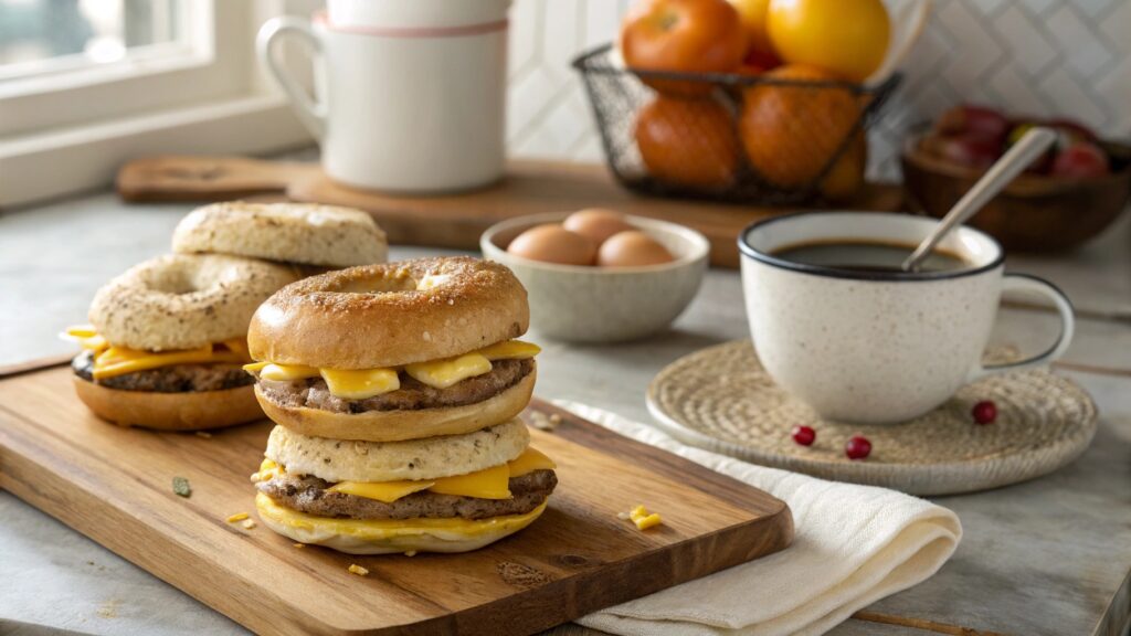 Stack of sausage, egg, and cheese breakfast bagels on a cutting board with coffee and fruit
