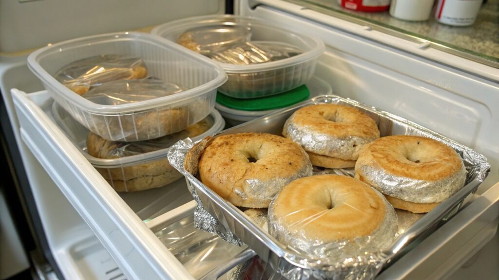 Sausage, egg, and cheese bagels stored in containers and reheated in a toaster oven
