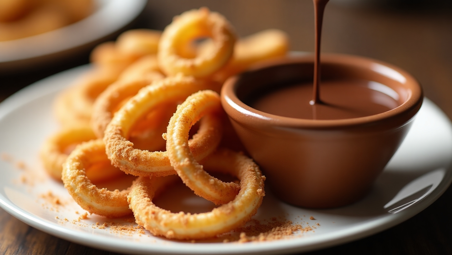 Golden churros coated in cinnamon sugar with chocolate dip