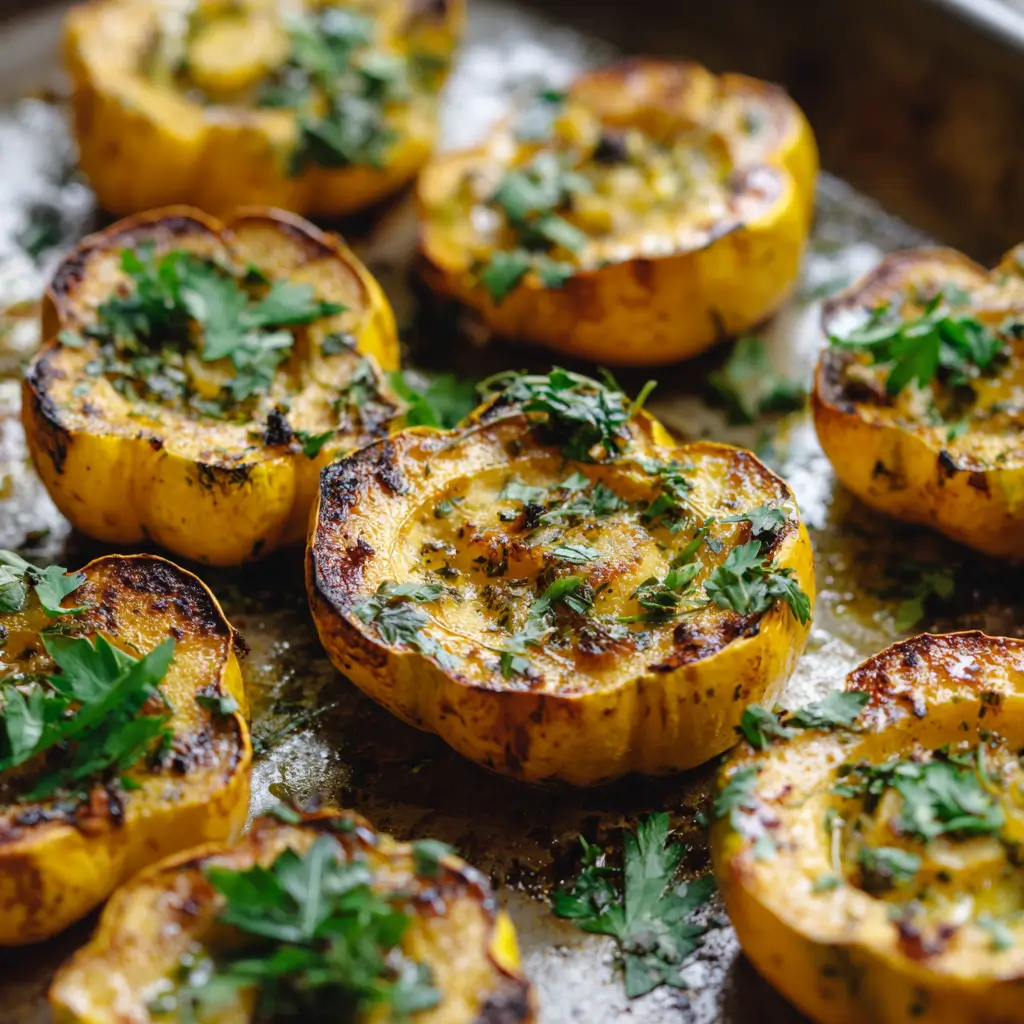 Roasted herb-garlic pattypan squash garnished with parsley