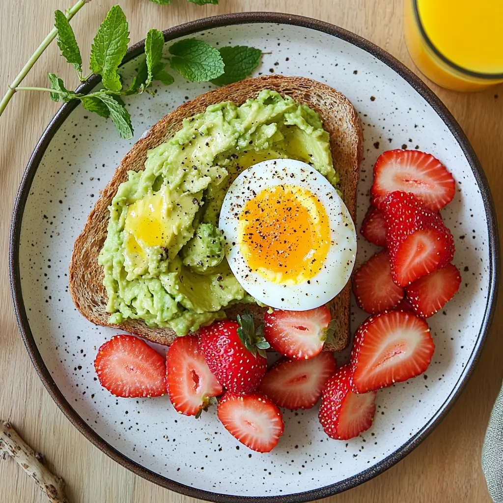 Breakfast with soft-boiled egg, avocado toast, and fresh strawberries