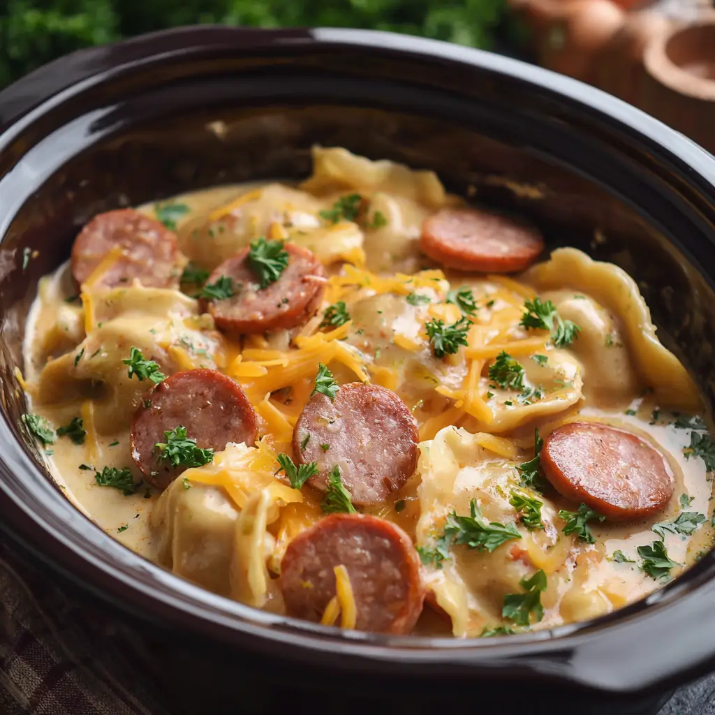 Crockpot pierogi casserole with kielbasa and cheese