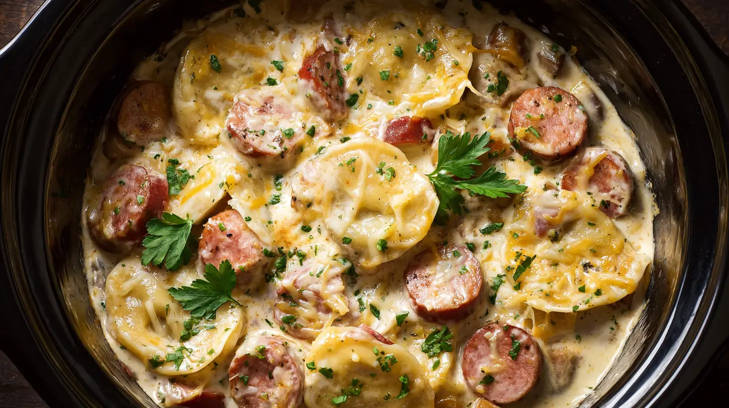Crockpot pierogi casserole with kielbasa and cheese