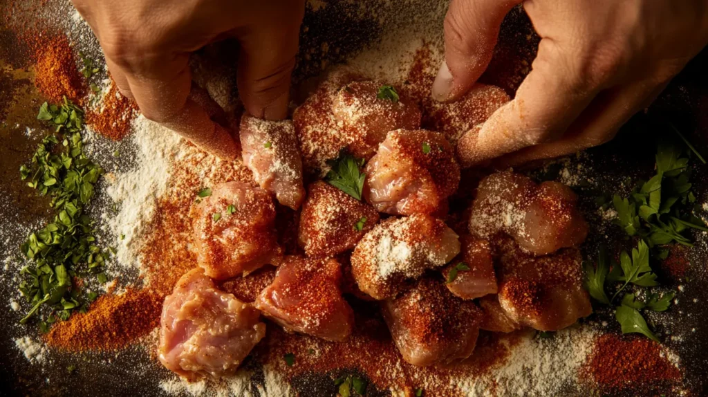 Dredging chicken in Cajun spice flour