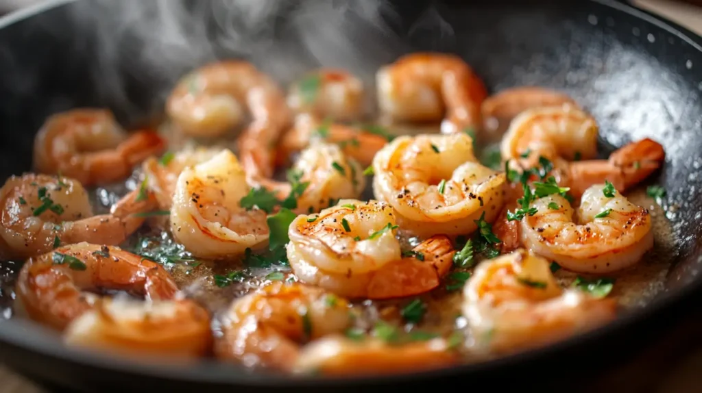 Shrimp cooking in garlic butter