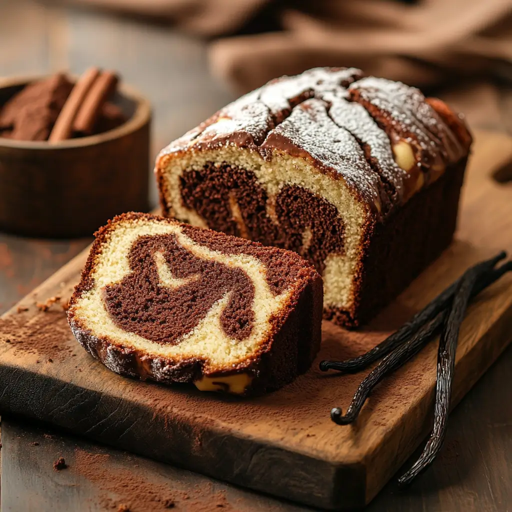 Chocolate & vanilla swirl loaf cake sliced open