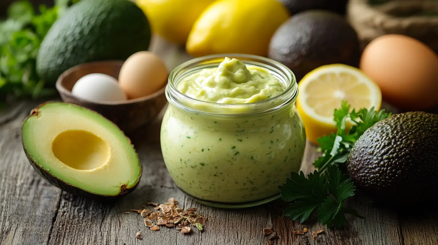 Homemade mayonnaise with avocado oil in a jar