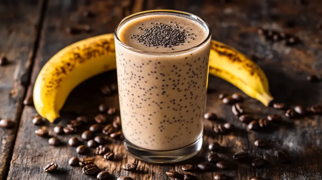 Glass of chia coffee drink with chia seeds and frothy creamer