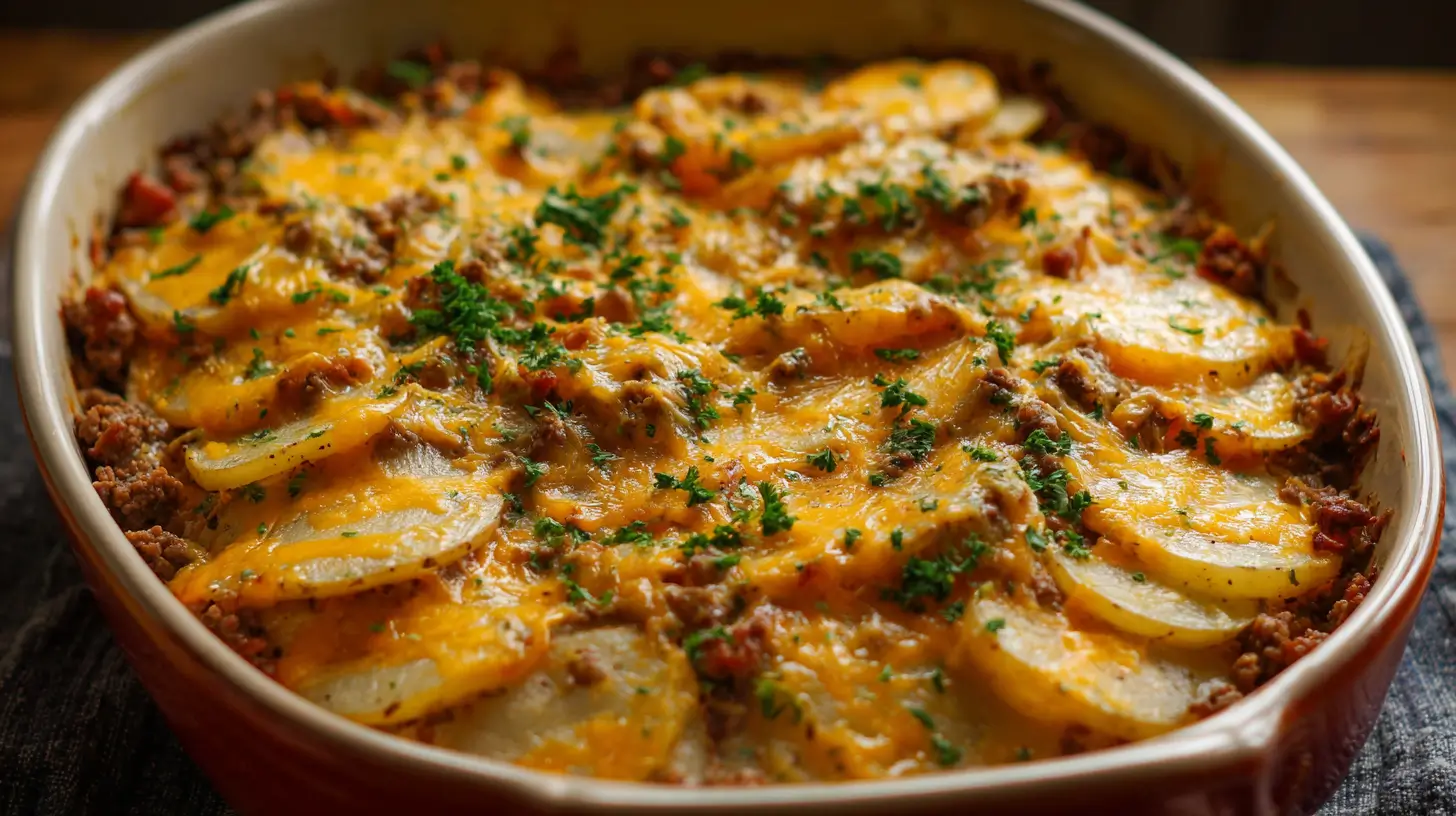 Cheesy hamburger potato casserole in baking dish