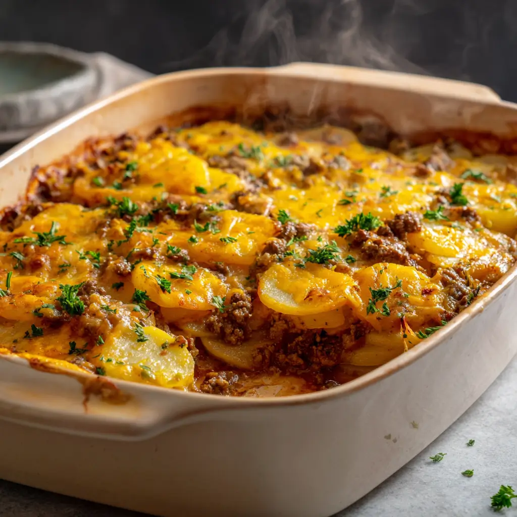 Cheesy hamburger potato casserole in baking dish