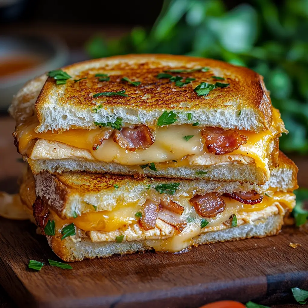 Cheddar and bacon turkey melt on sourdough, sliced with cheese and bacon