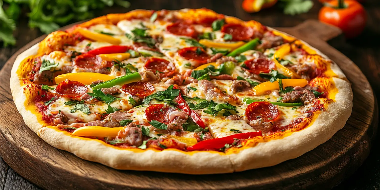 Freshly halal pizza with beef pepperoni and veggies