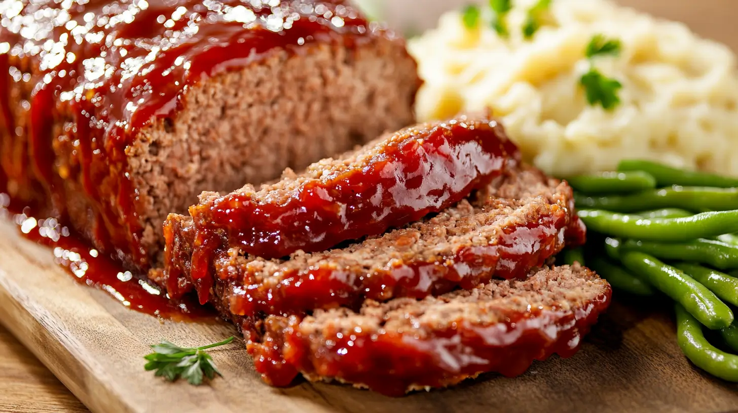 Sliced meatloaf with glaze and classic sides