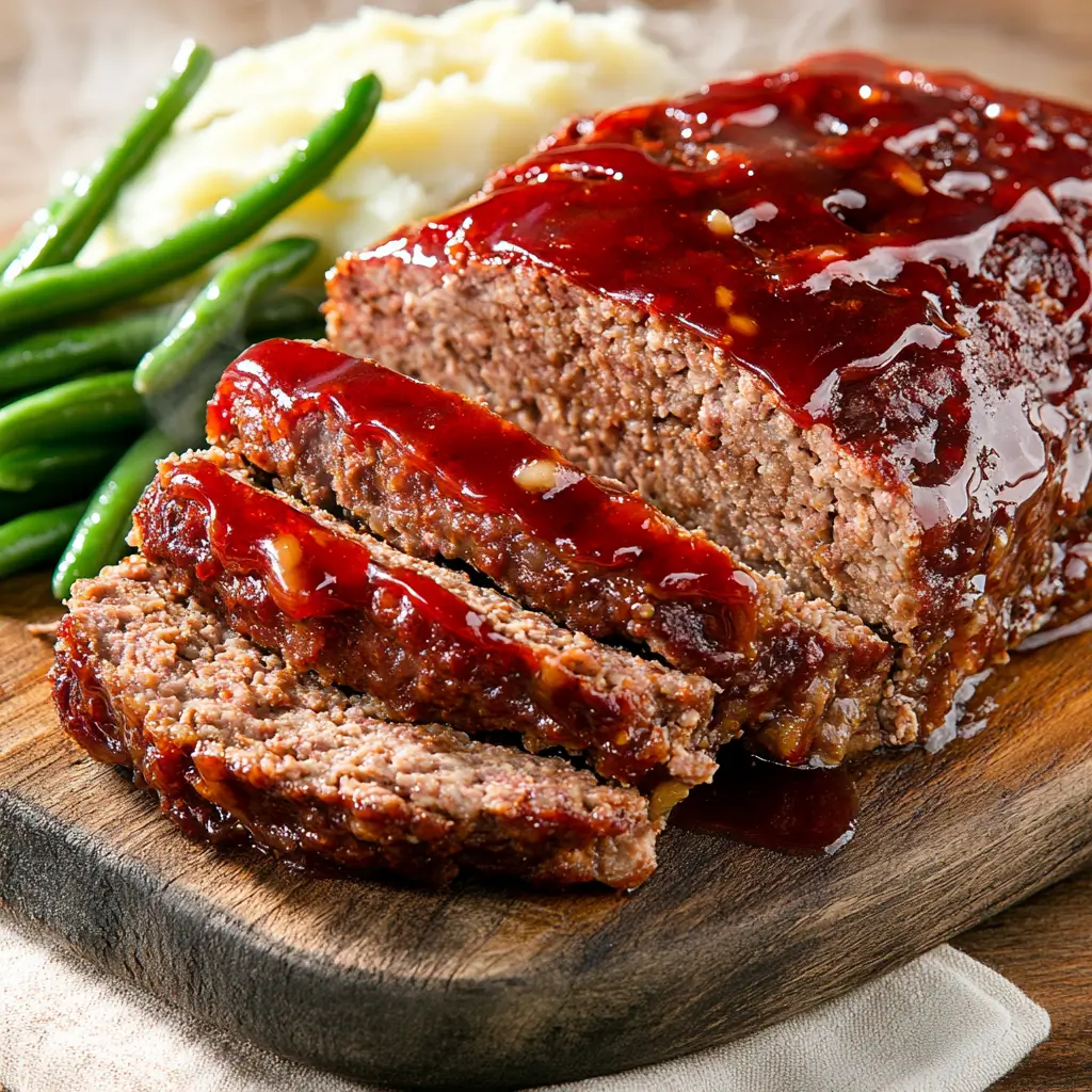 Sliced meatloaf with glaze