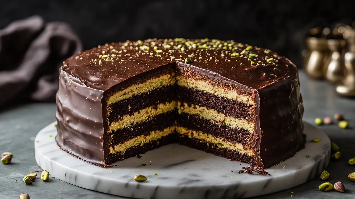 Dubai chocolate cake with pistachio and kataifi layers